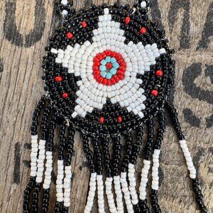 Native-Inspired Hand Beaded Necklace • Black, White & Red Star Design